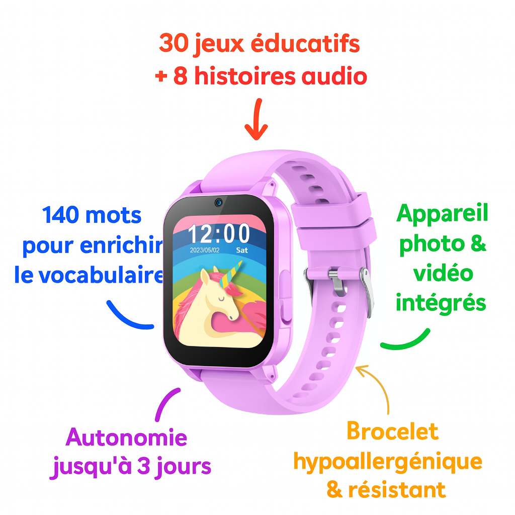 Montre Connectée Enfant éducative – 30 jeux, Histoires & Lampe torche| KidooWatch™