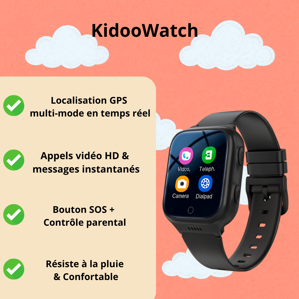 Montre connectée Noir enfant 4G - 1000mAh – GPS , appel vidéo | KidooWatch™