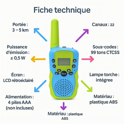 Talkie-Walkie Enfant – Pack de 2 Longue Portée avec Lampe Torche | KidooWatch™