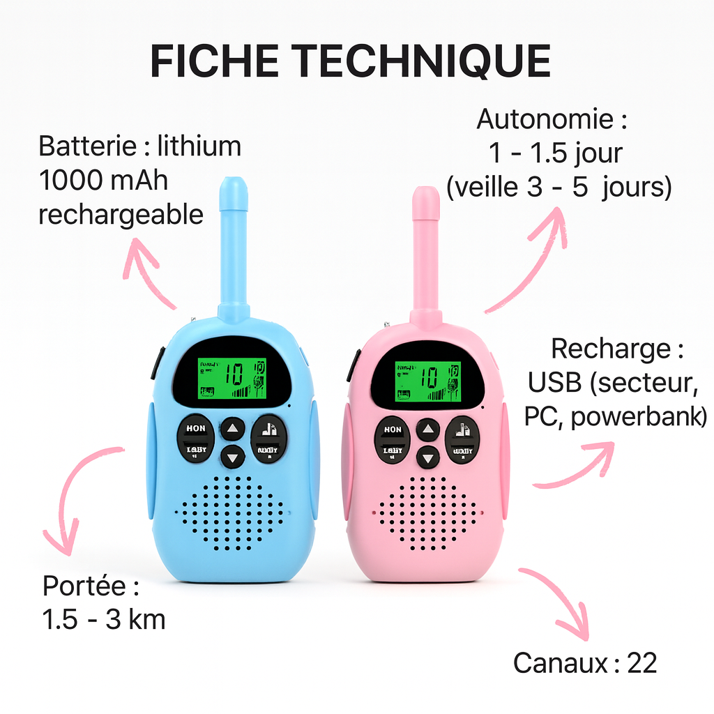 Talkie-Walkie Enfant Rechargeable 3km – Pack de 2 avec Lampe Torche | KidooWatch™