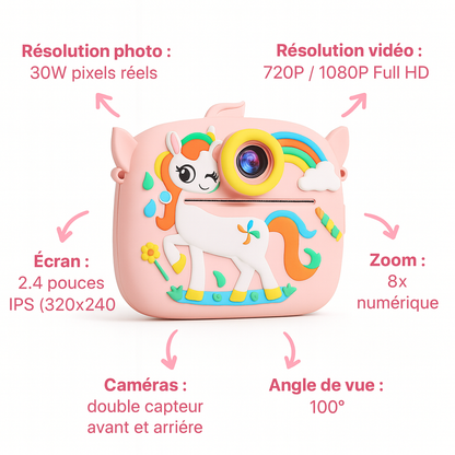 Appareil Photo Enfant Licorne – Impression Instantanée HD  + carte mémoire 32 Go