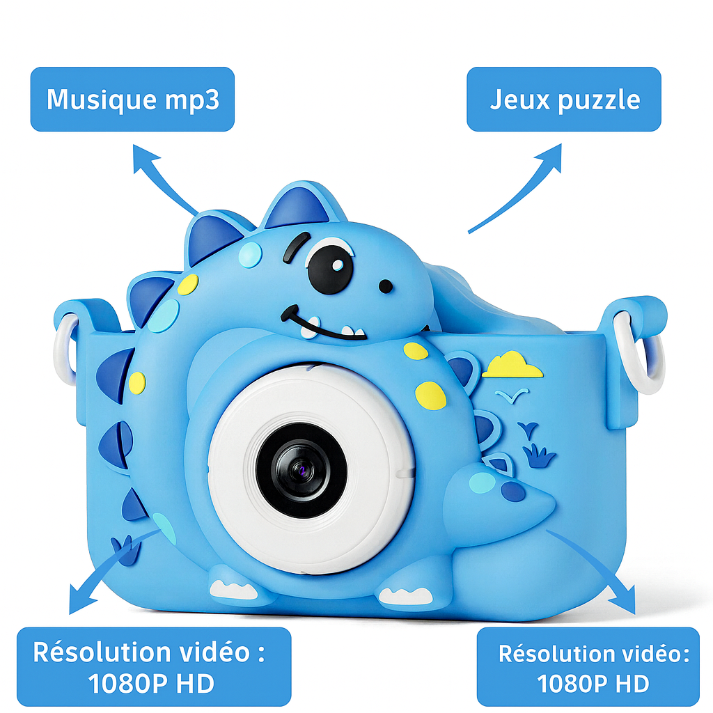 Appareil Photo Enfant Dinosaure – 1080P HD Double Objectif + carte mémoire 32 Go
