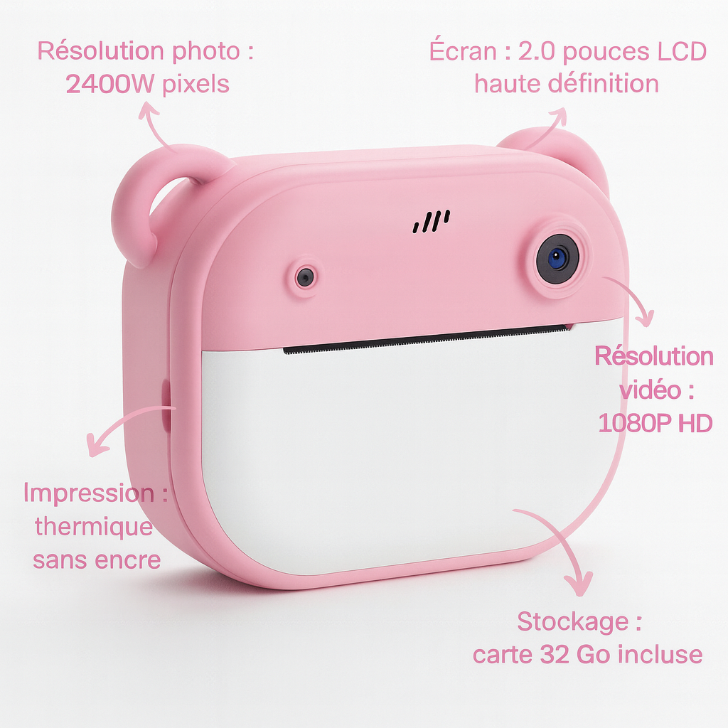 Appareil photo Fille instantané avec impression + carte mémoire de 32 Go