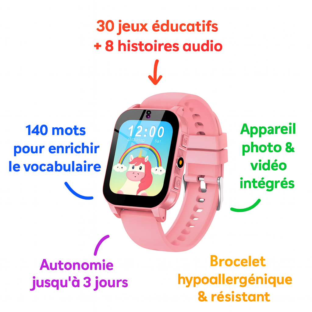 Montre Connectée Fille éducative – 30 jeux, Histoires & Lampe torche| KidooWatch™