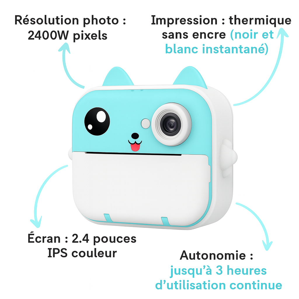 Appareil Photo Instantané Enfant –  Jeux & Audio +  carte mémoire 32 Go