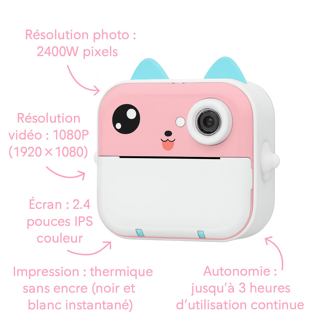 Appareil Photo Instantané Fille –  Jeux & Audio +  carte mémoire 32 Go