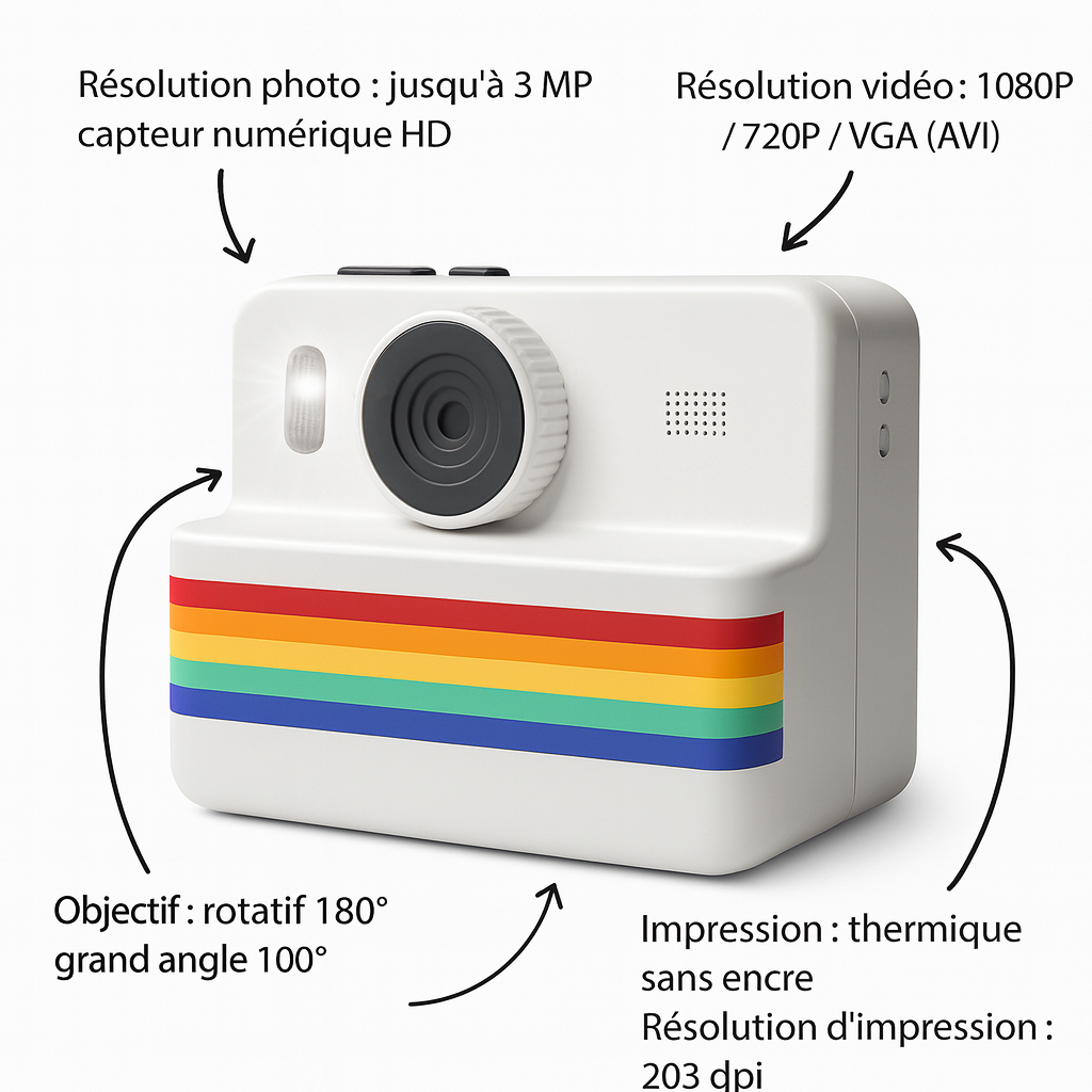 Appareil Photo Instantané Enfant Full HD– Rotatif 180° & 1500 mAh