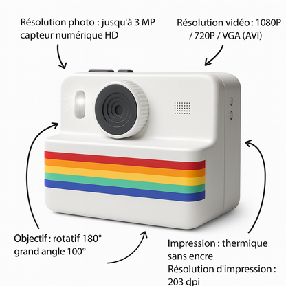Appareil Photo Instantané Enfant Full HD– Rotatif 180° & 1500 mAh