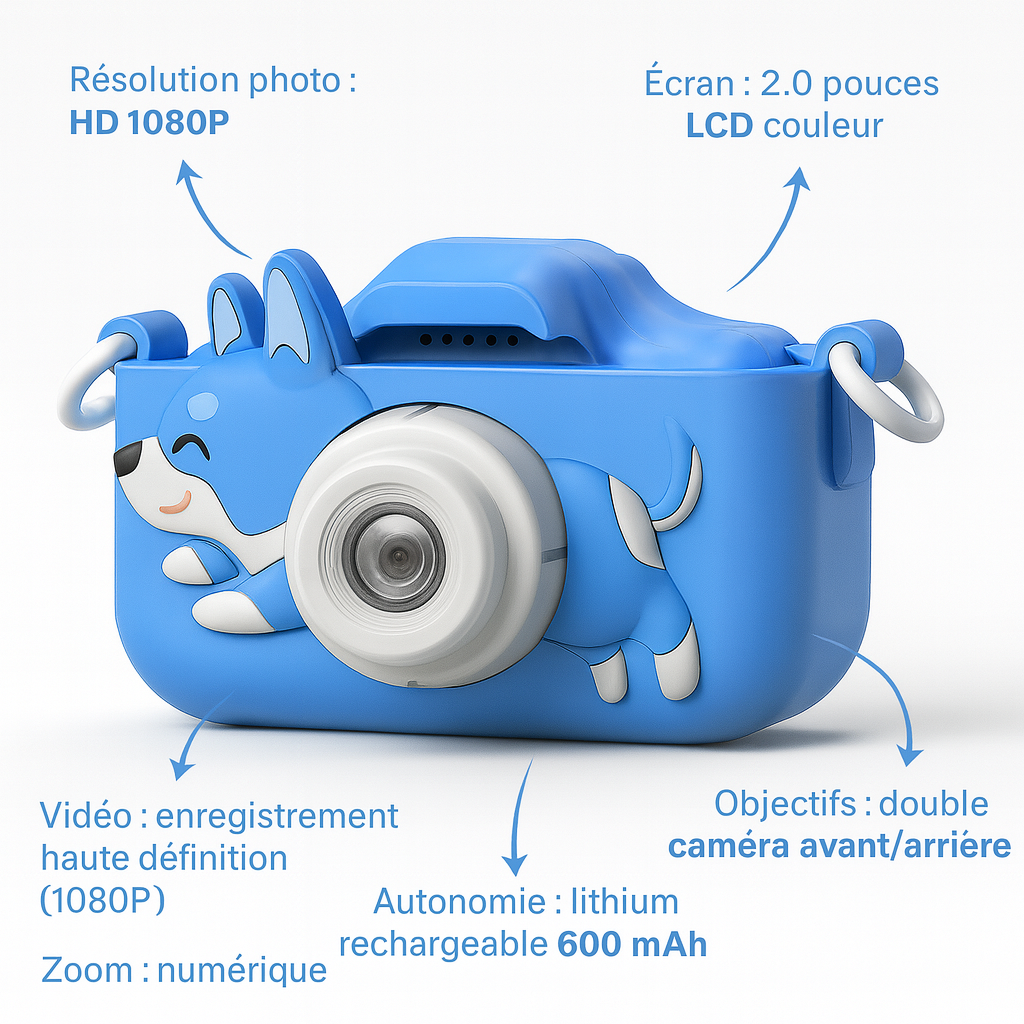 Appareil Photo Enfant 1080P – Design Chien Bleu + carte mémoire 32 Go