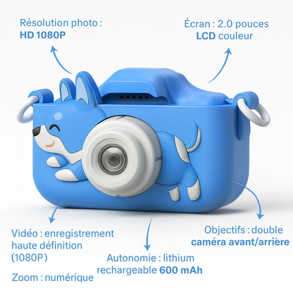 Appareil Photo Enfant 1080P – Design Chien Bleu + carte mémoire 32 Go