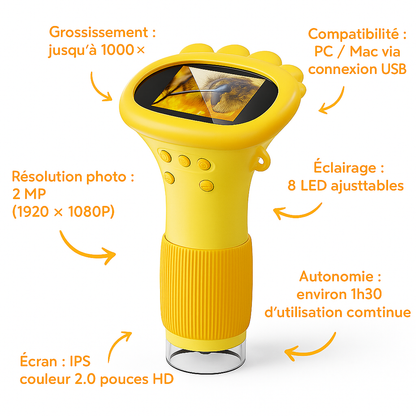 Microscope Enfant 1000× – Écran IPS & Lumière LED