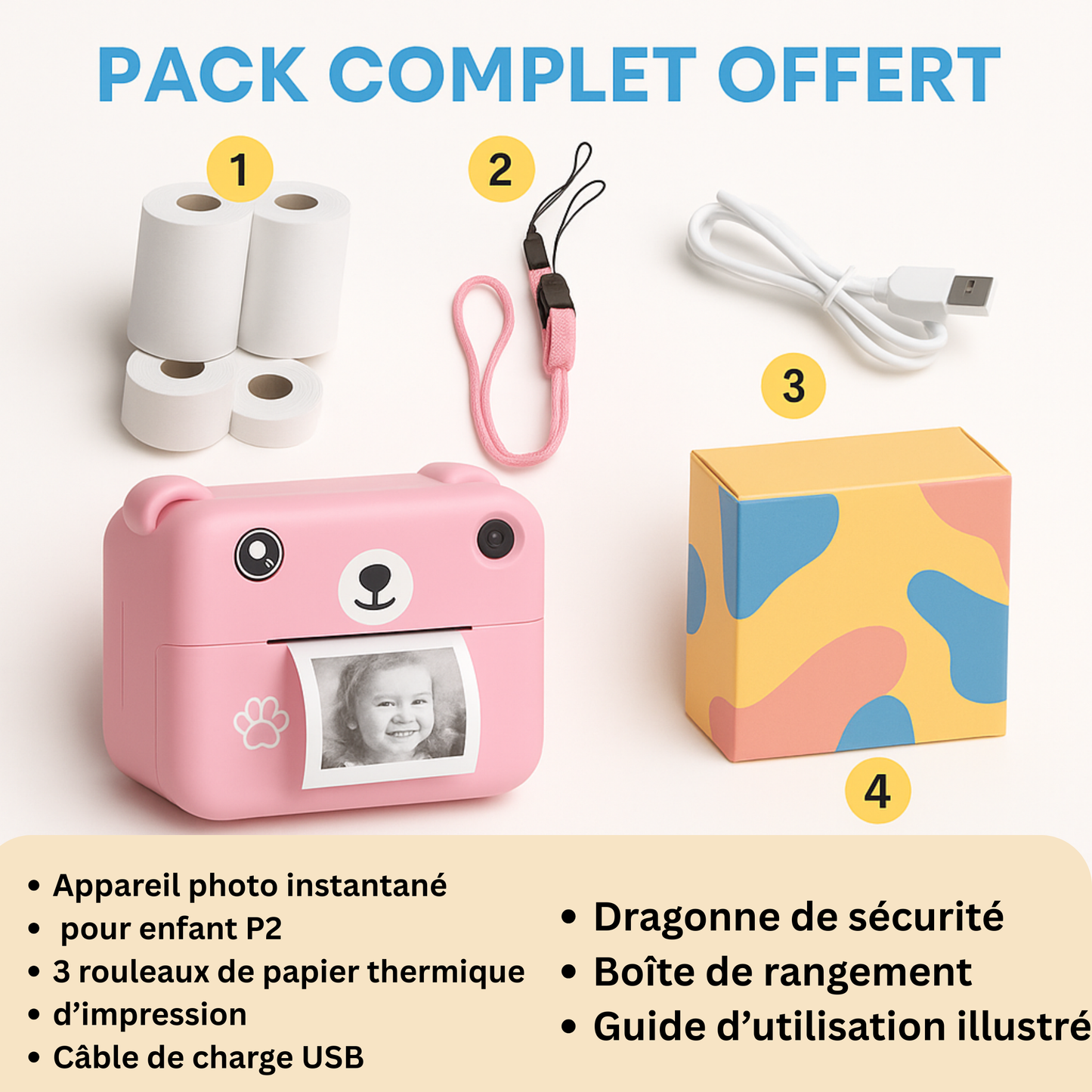 Appareil Photo Instantané Fille 1080P – Objectif Rotatif 180°