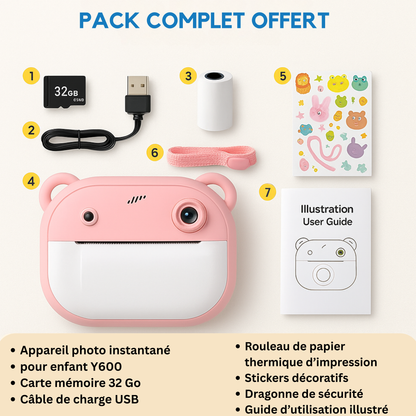 Appareil photo Fille instantané avec impression + carte mémoire de 32 Go