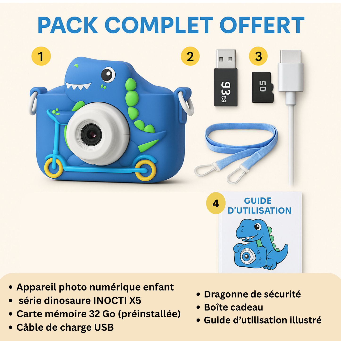 Appareil Photo Enfant Dinosaure – 1080P HD + Carte mémoire 32 Go
