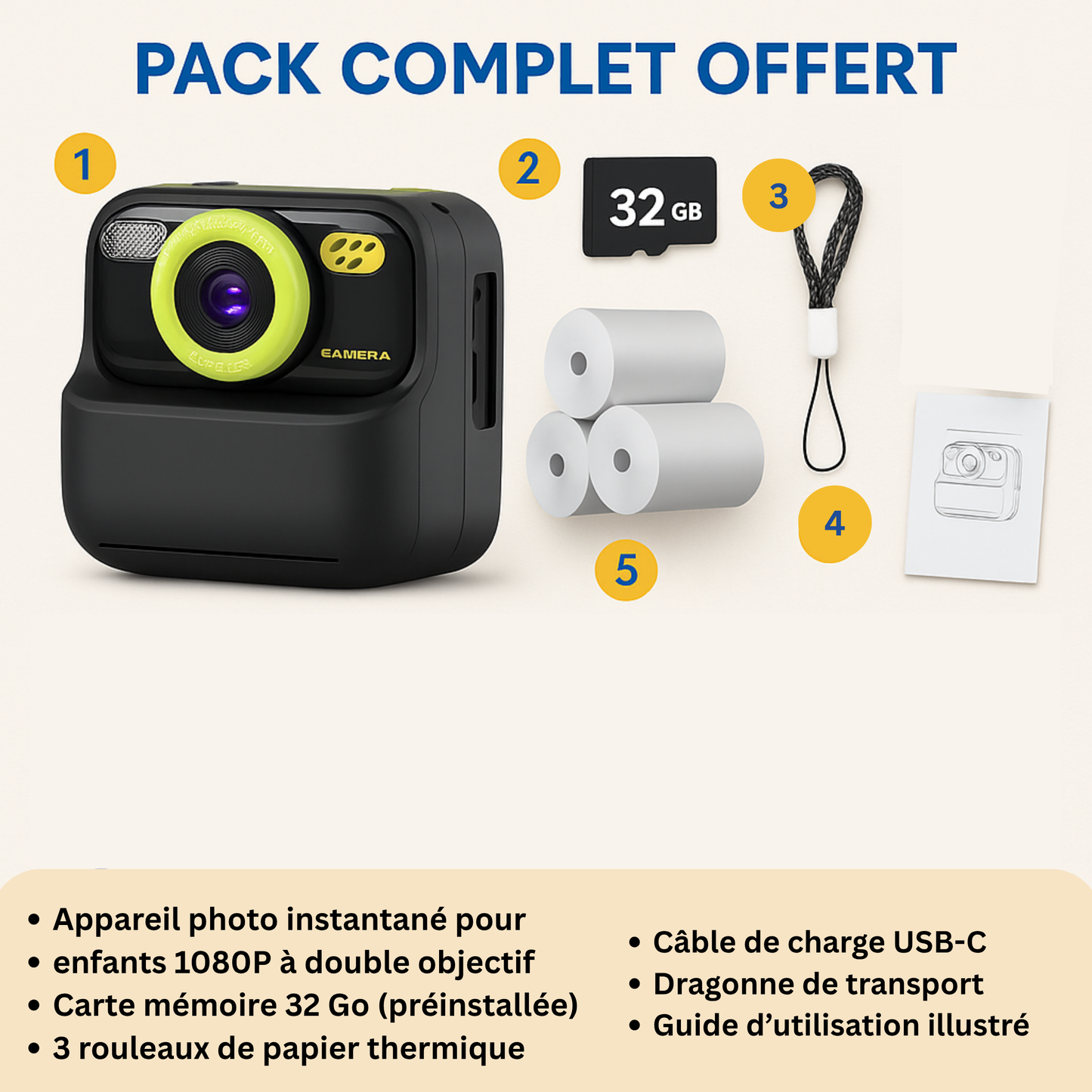 Appareil Photo Enfant impression & Double Objectif + carte mémoire 32 Go
