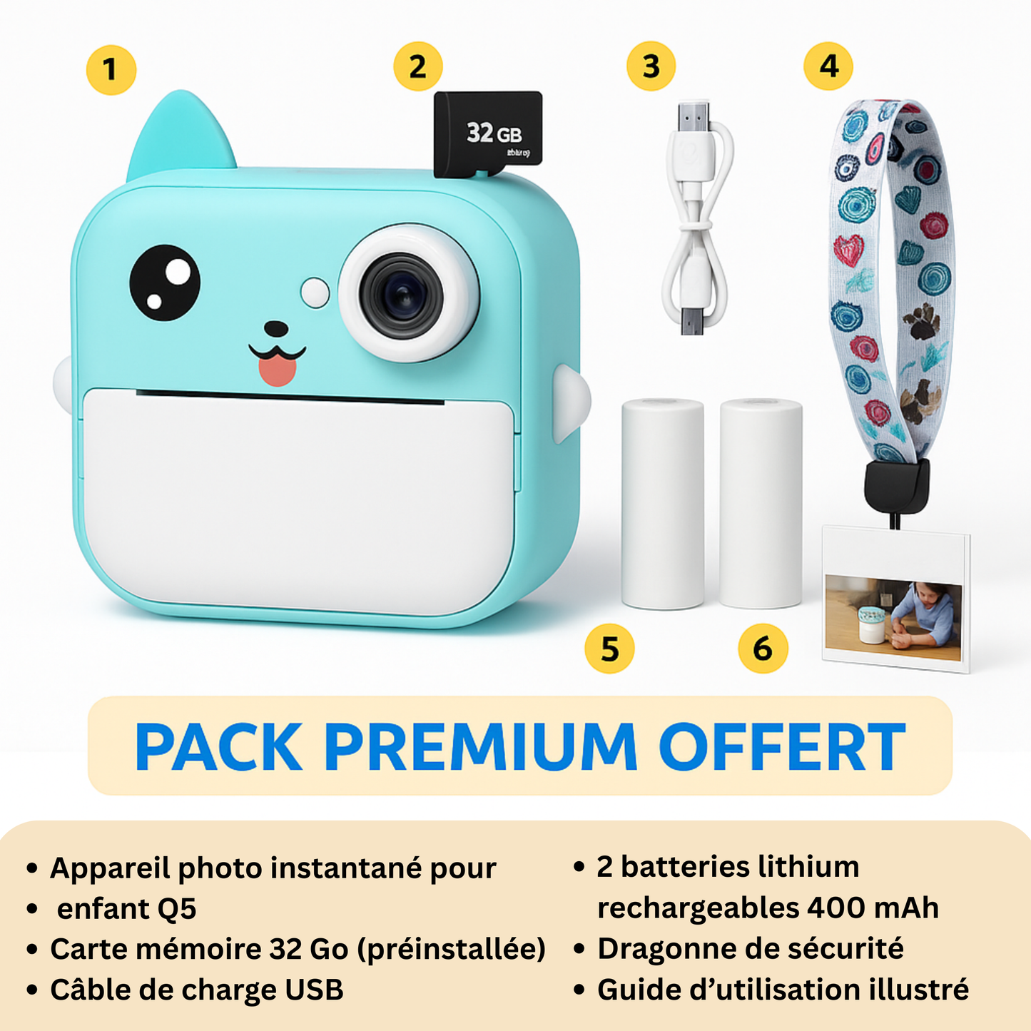 Appareil Photo Instantané Enfant –  Jeux & Audio +  carte mémoire 32 Go