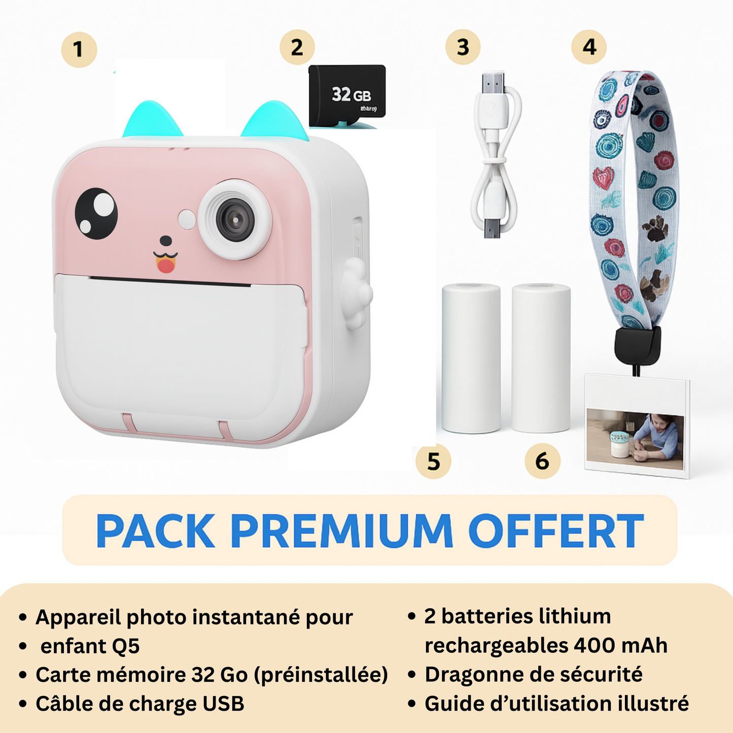 Appareil Photo Instantané Fille –  Jeux & Audio +  carte mémoire 32 Go