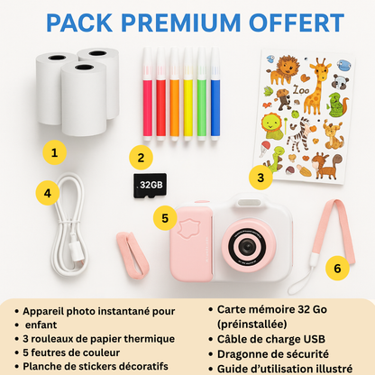 Appareil Photo Instantané Fille 1080P – Double Objectif + carte mémoire 32 Go