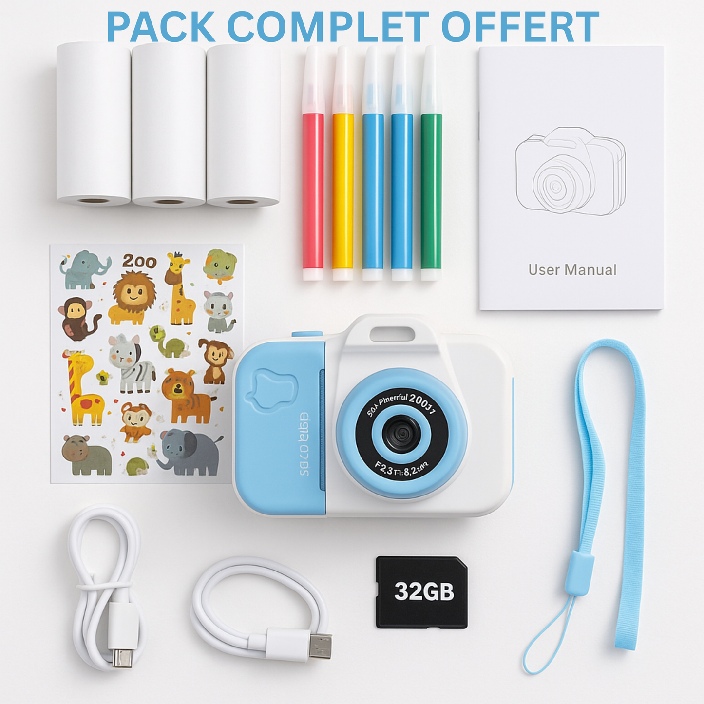 Appareil Photo Instantané Enfant  1080P – Double Objectif + carte mémoire 32 Go