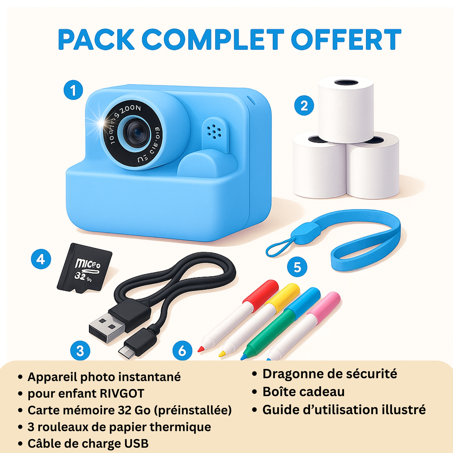 Appareil Photo Instantané Fille 1080P éducative + carte mémoire 32 Go