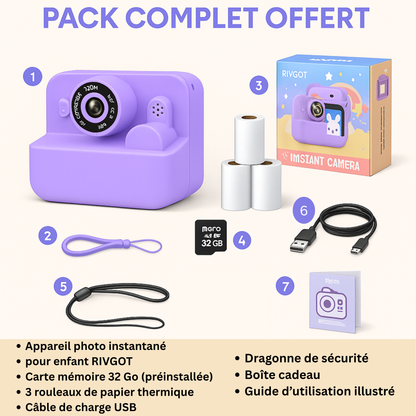 Appareil Photo Instantané Fille 1080P éducative + carte mémoire 32 Go