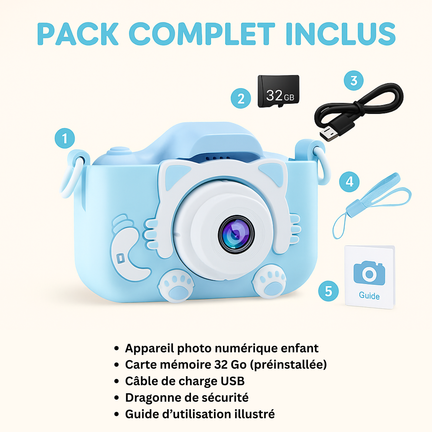 Appareil Photo Numérique Enfant 1080P + carte mémoire 32 Go