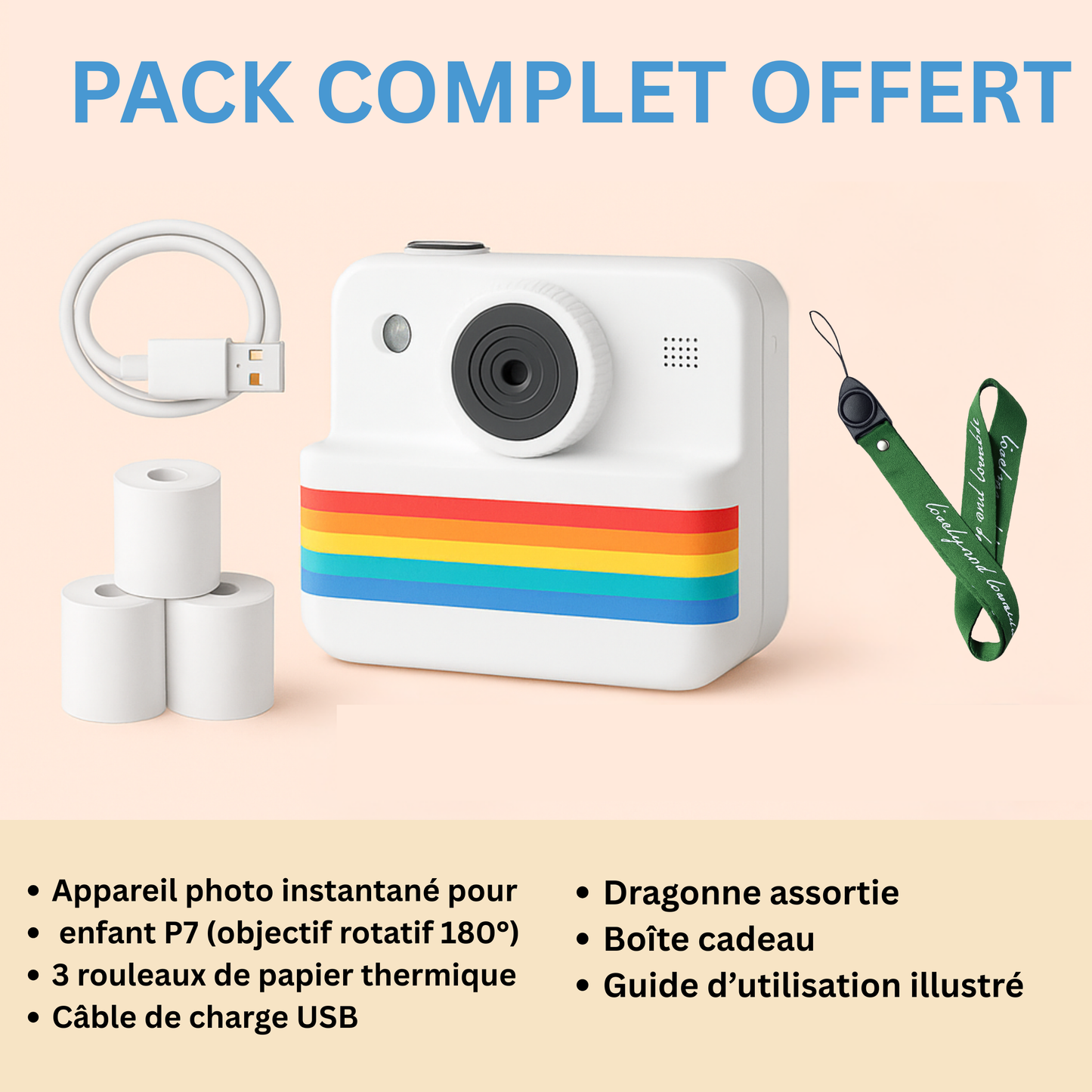 Appareil Photo Instantané Enfant Full HD– Rotatif 180° & 1500 mAh