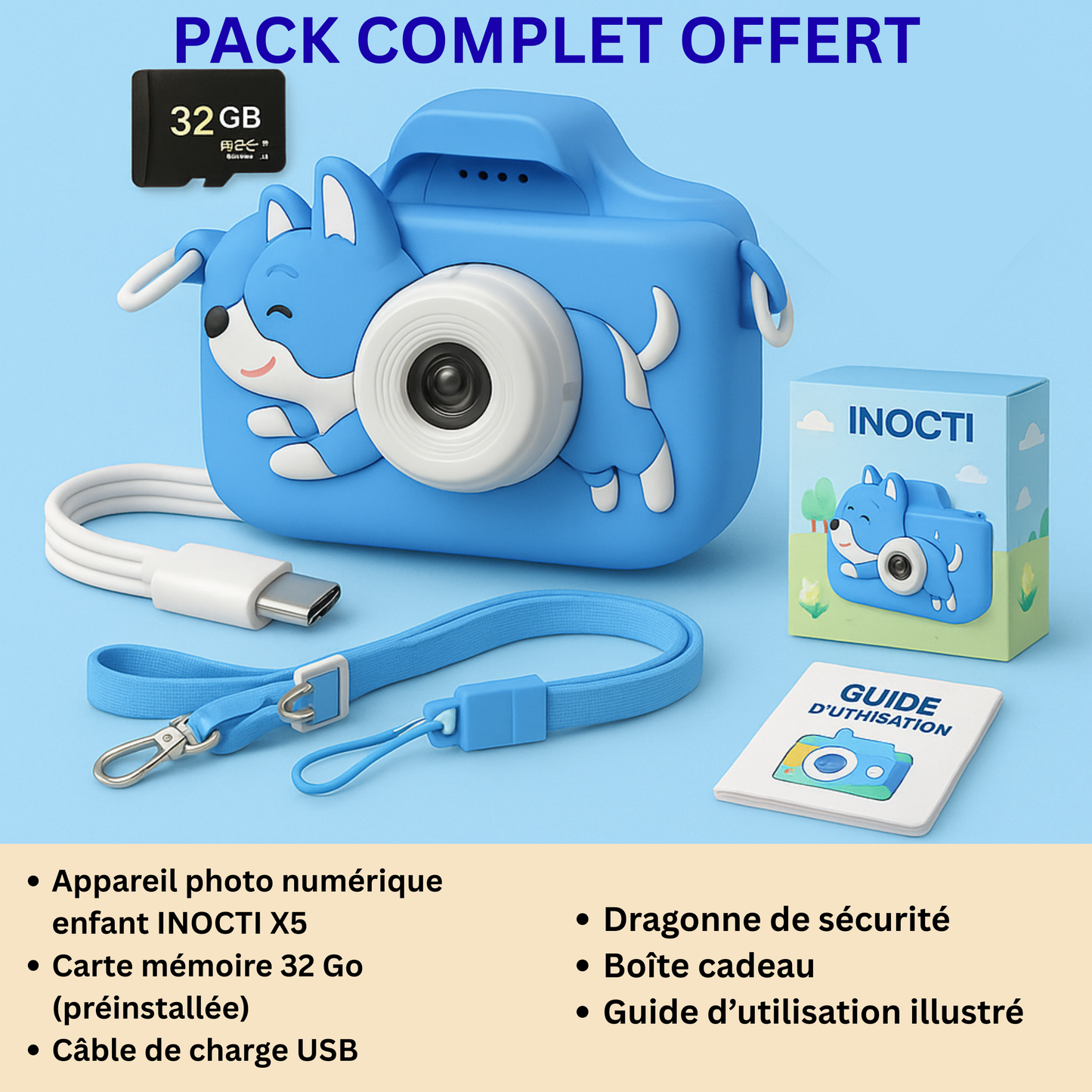 Appareil Photo Enfant 1080P – Design Chien Bleu + carte mémoire 32 Go