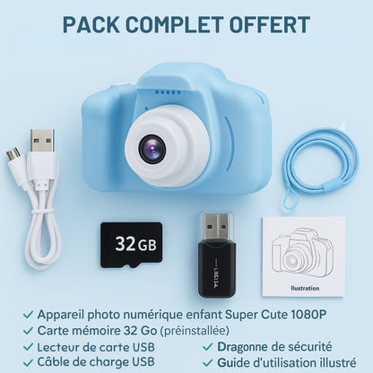 Appareil Photo Enfant 1080P Rechargeable + carte mémoire 32 Go