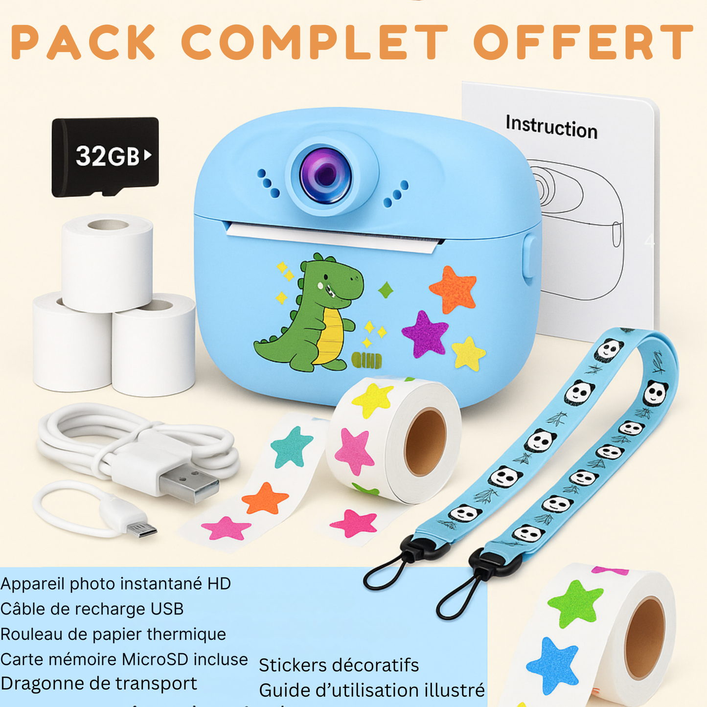 Appareil Photo Instantané Enfant – Impression Thermique HD + carte mémoire 32 Go
