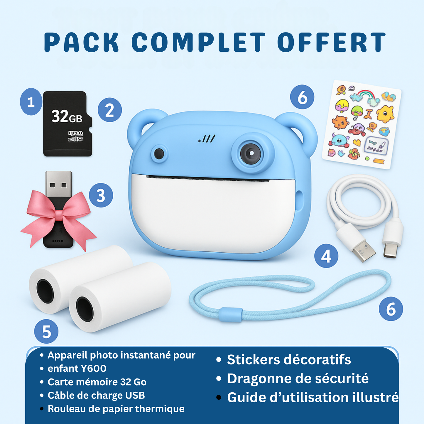 Appareil photo Enfant instantané avec impression + carte mémoire de 32 Go