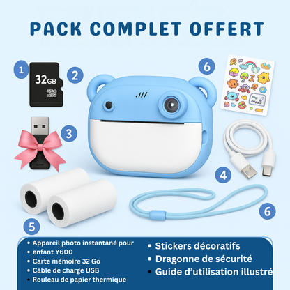 Appareil photo Enfant instantané avec impression + carte mémoire de 32 Go