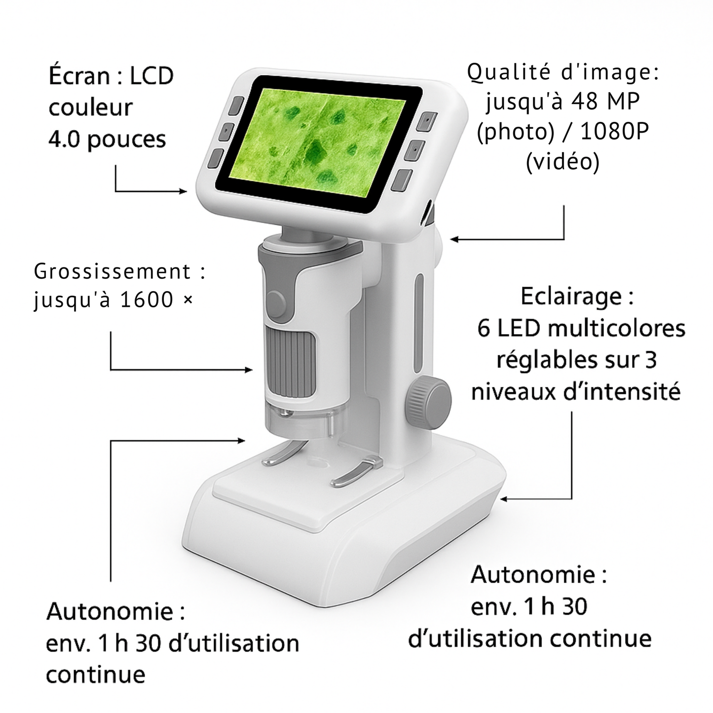 Microscope Enfant 1600× – Écran 4" & Lumière LED