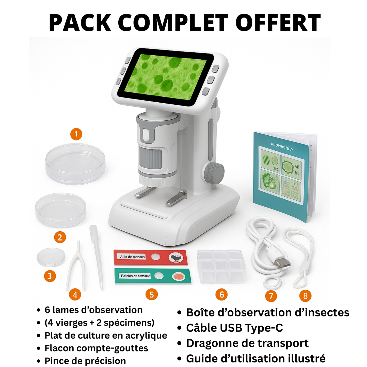 Microscope Enfant 1600× – Écran 4" & Lumière LED