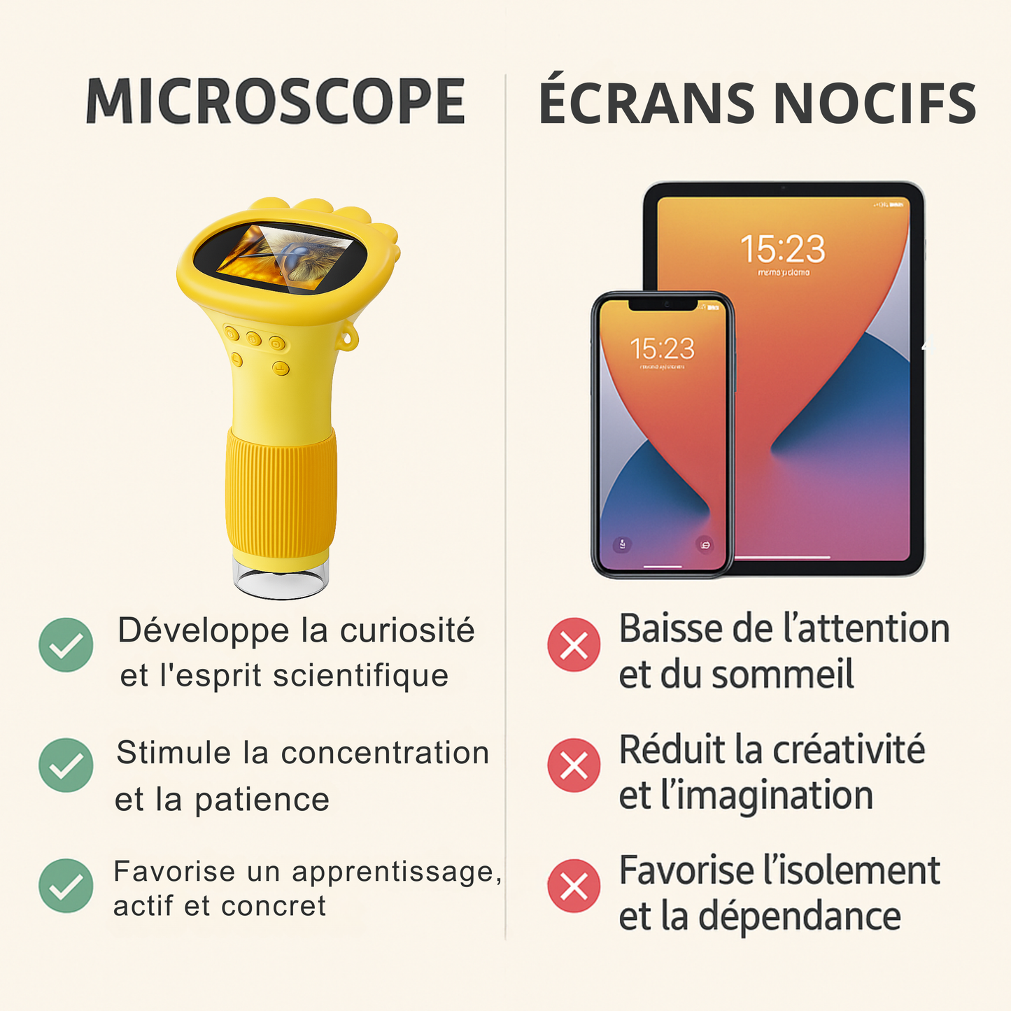 Microscope Enfant 1000× – Écran IPS & Lumière LED
