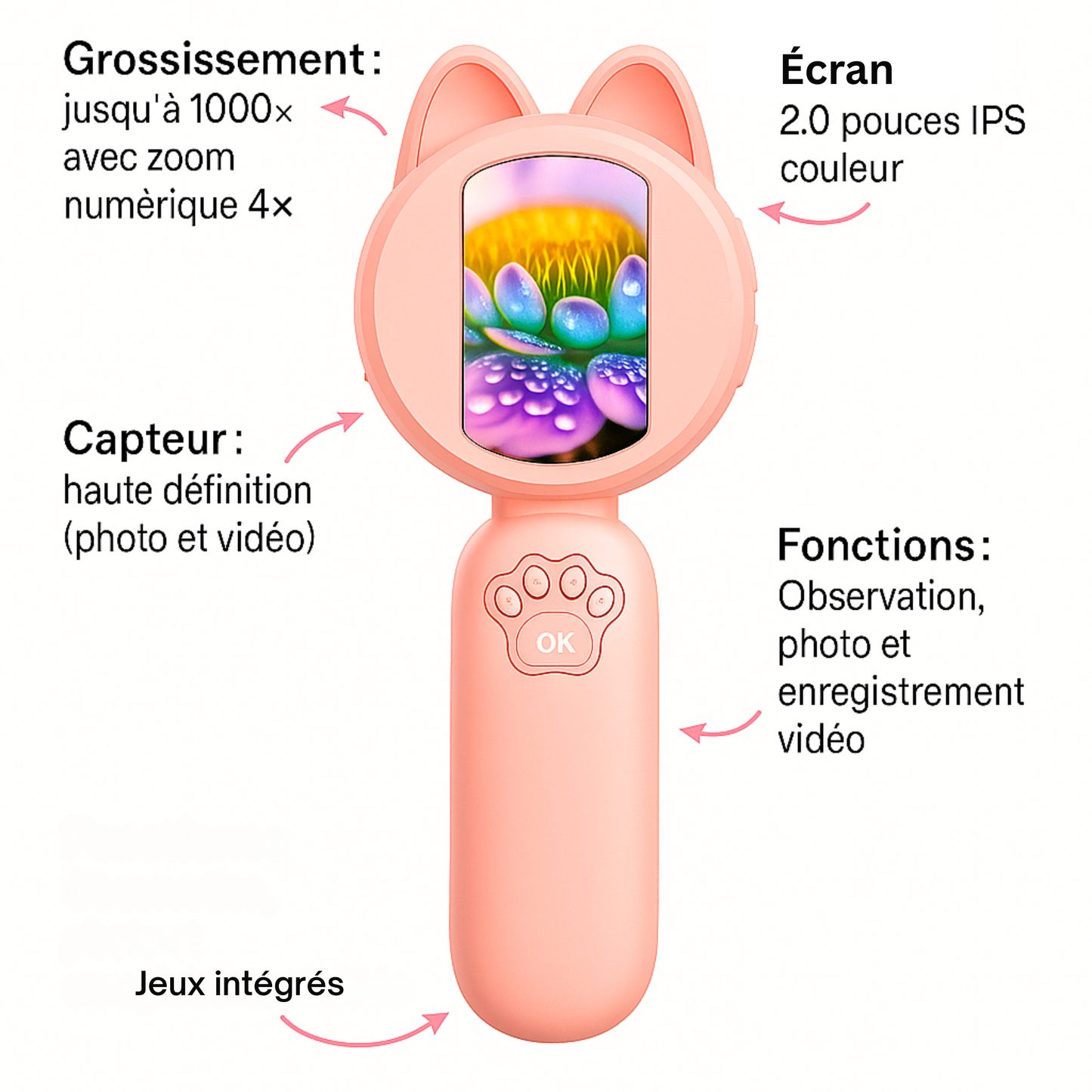 Microscope Fille 1000× – Écran IPS & Jeux Intégrés |