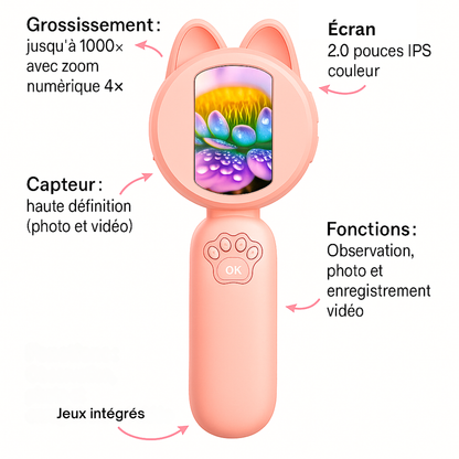 Microscope Fille 1000× – Écran IPS & Jeux Intégrés |