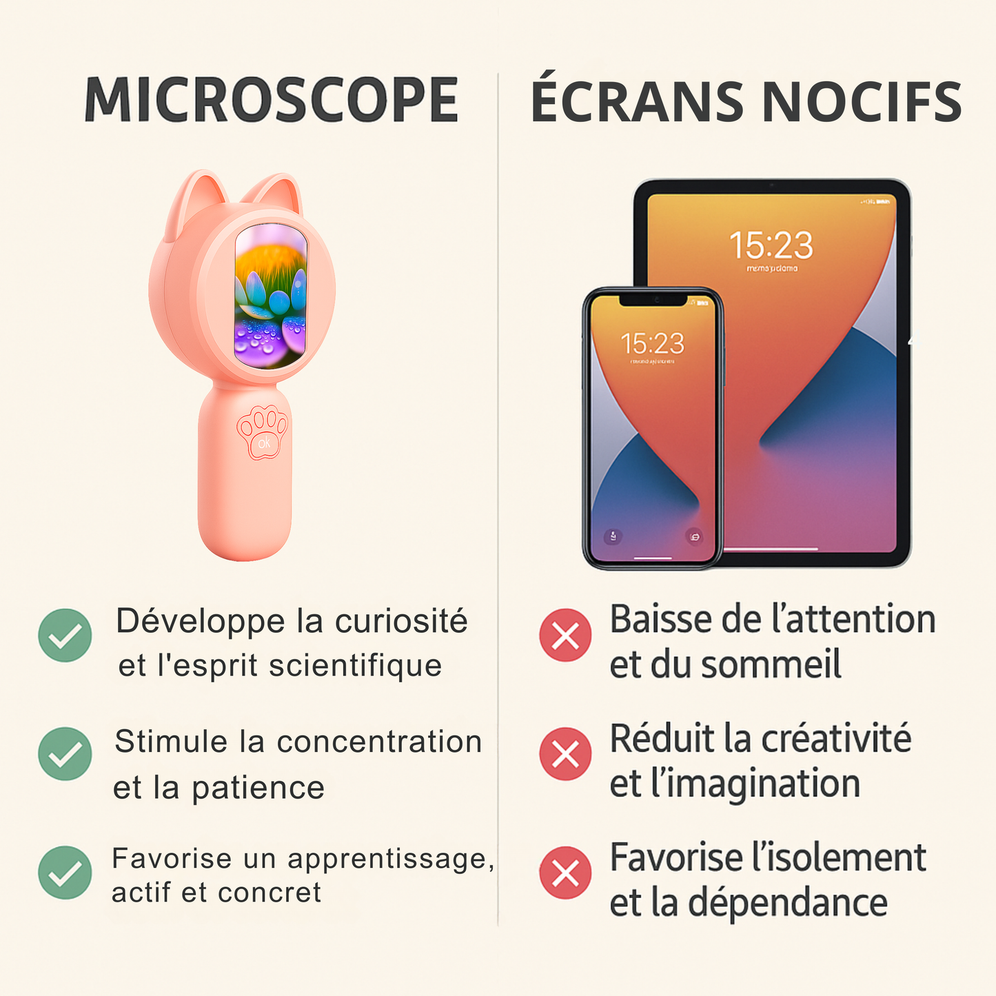 Microscope Fille 1000× – Écran IPS & Jeux Intégrés |