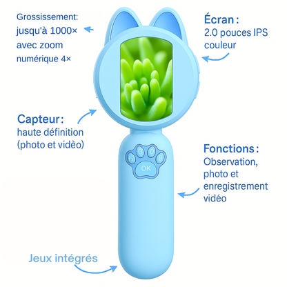 Microscope Enfant 1000× – Écran IPS & Jeux Intégrés |