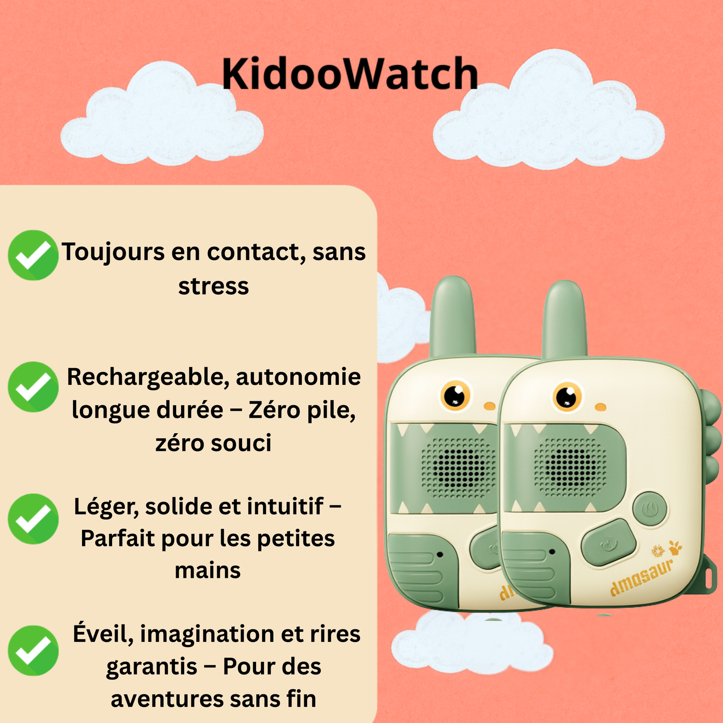 Talkie-Walkie Enfant Dinosaure – Pack de 2 Jouets Sans Fil Parent-Enfant | KidooWatch™