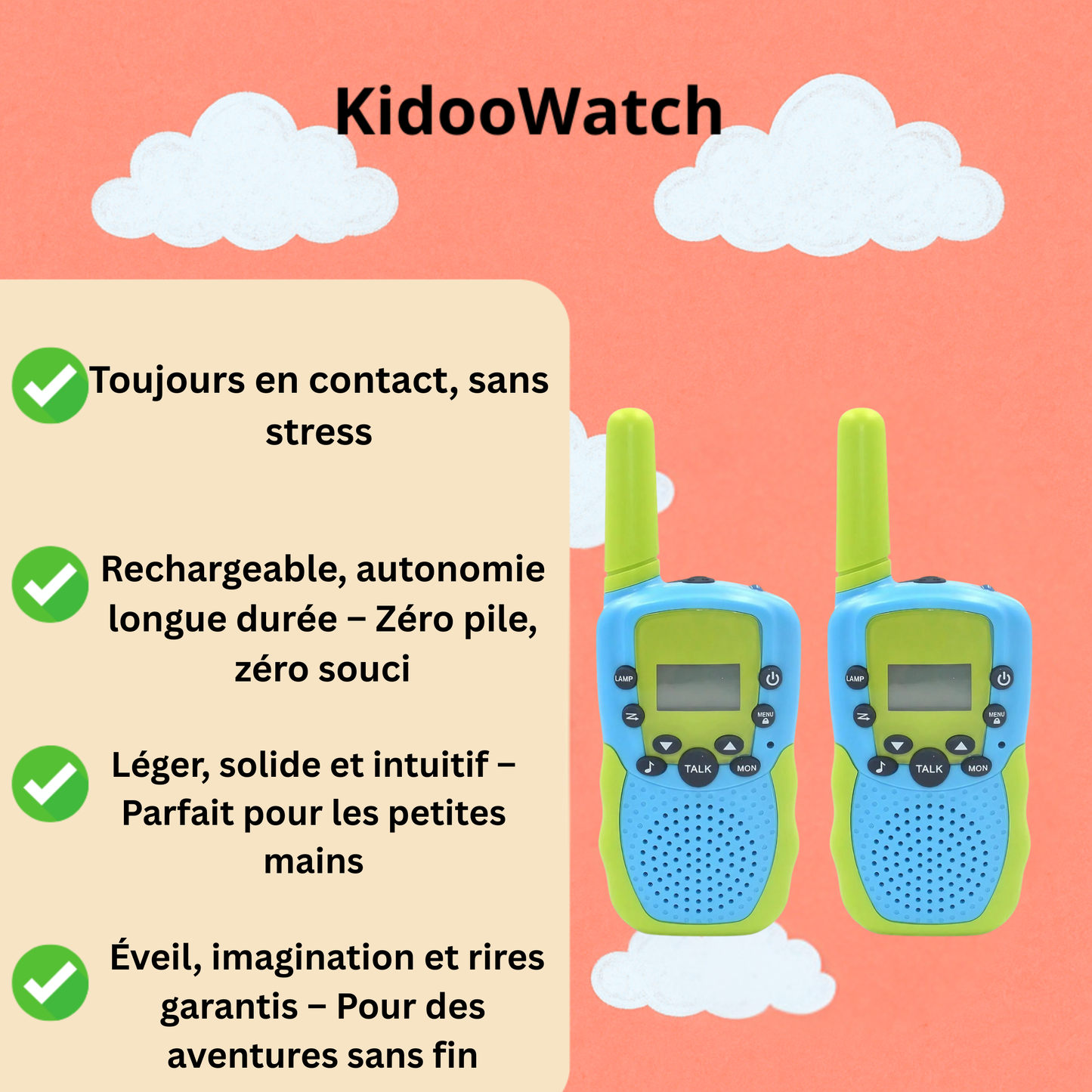 Talkie-Walkie Enfant – Pack de 2 Longue Portée avec Lampe Torche | KidooWatch™