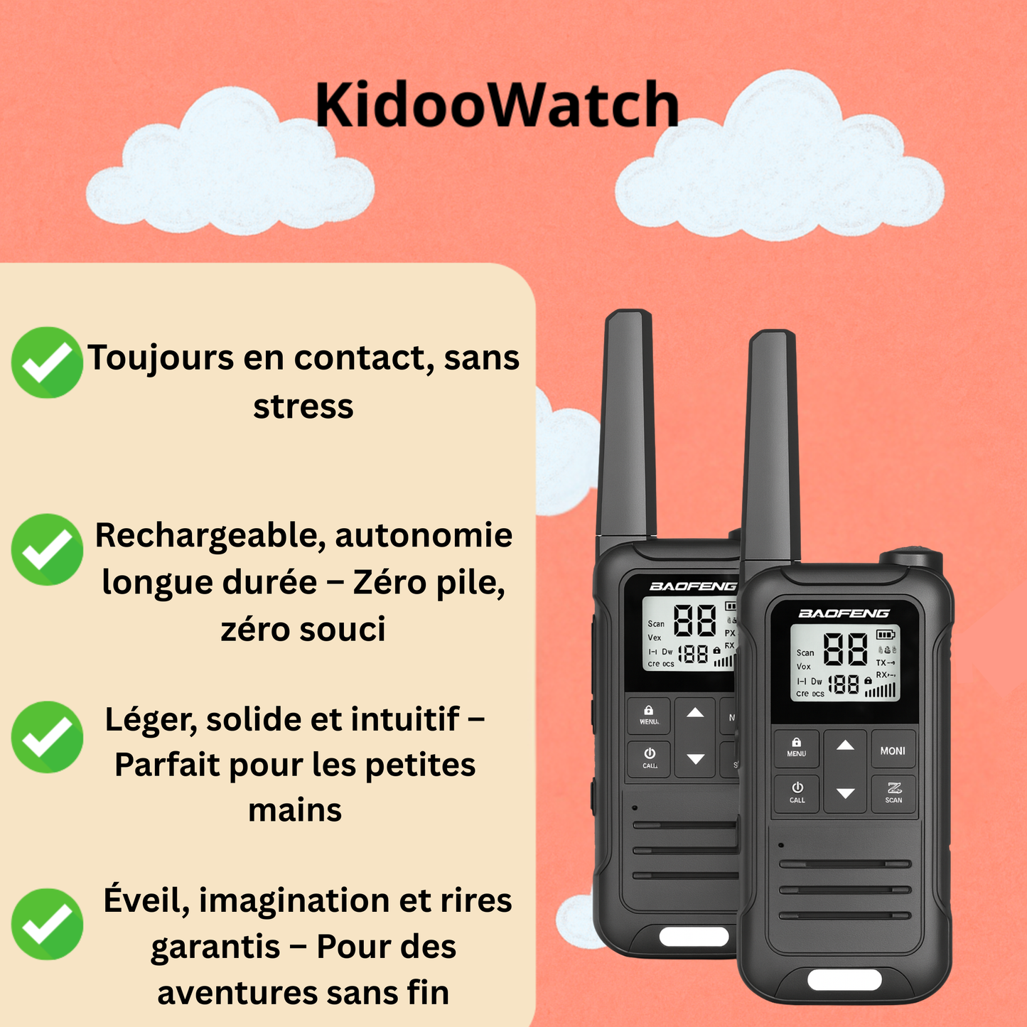 Talkie-Walkie Enfant Longue Portée – Pack de 2 Rechargeables | KidooWatch™