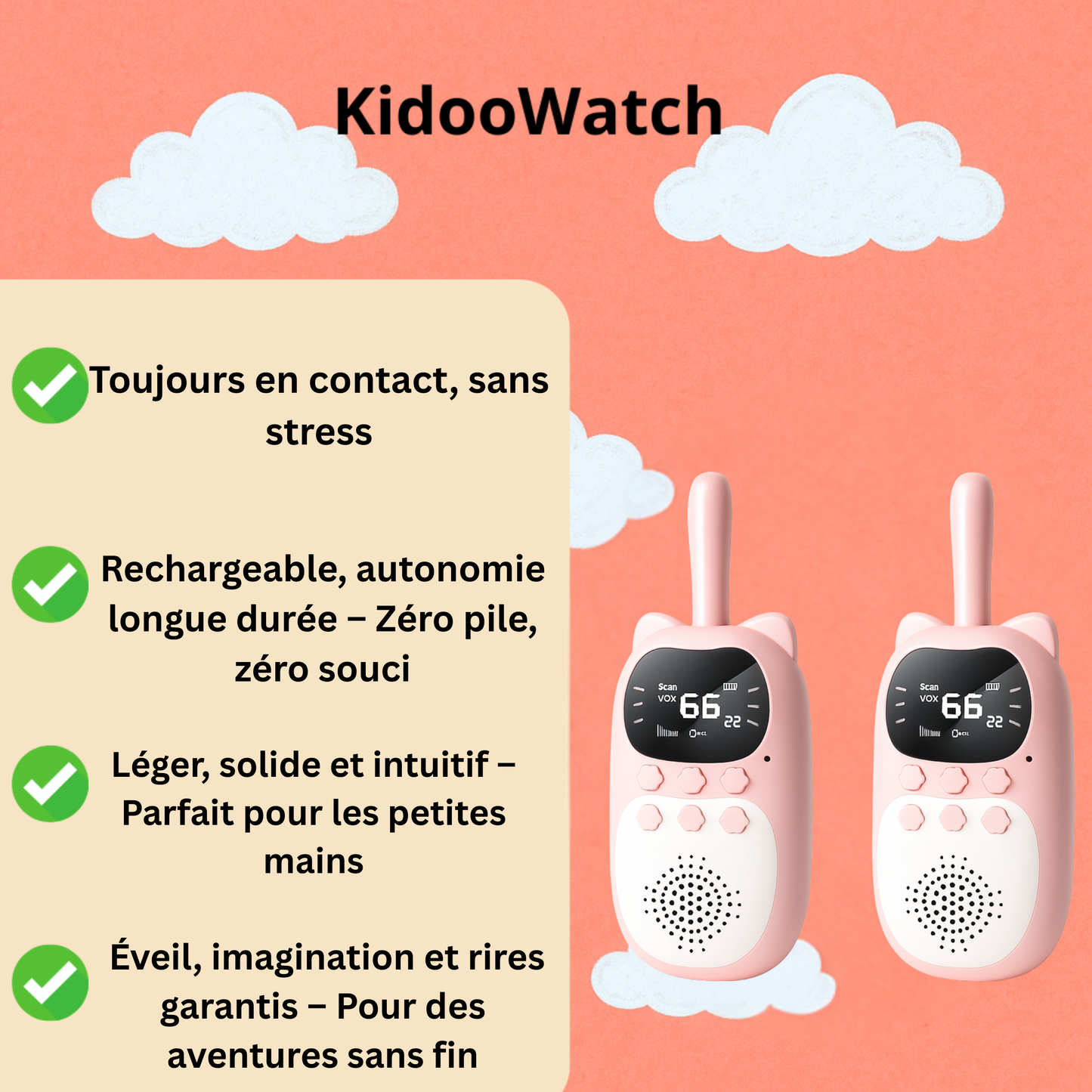 Talkie-Walkie Enfant 3km Rechargeable – Pack de 2 avec Écran LCD | KidooWatch™