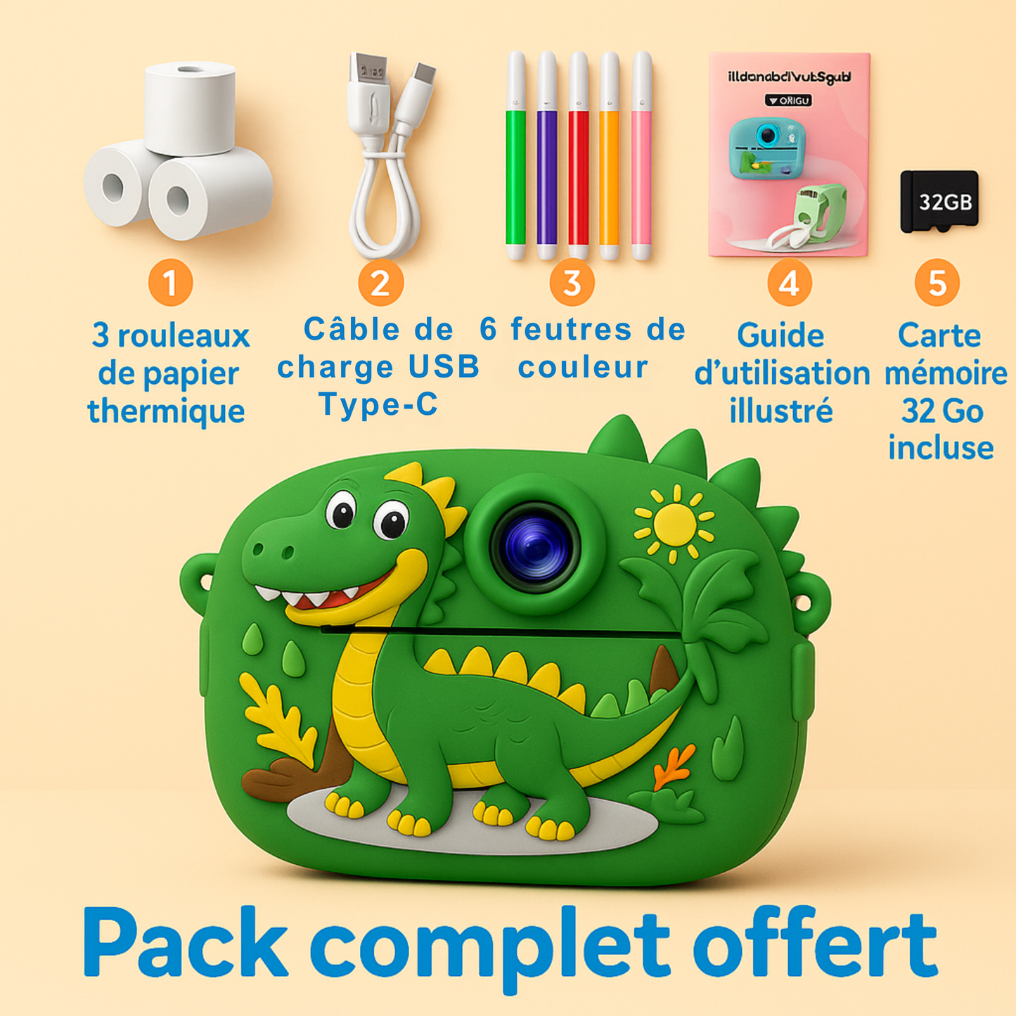 Appareil Photo Enfant Dinosaure – Impression Instantanée HD + carte mémoire 32 Go