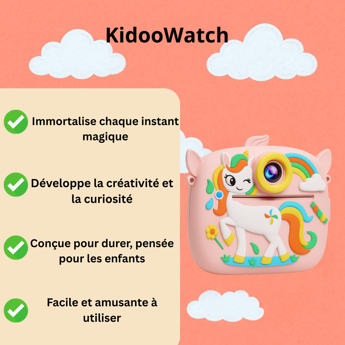 Appareil Photo Enfant Licorne – Impression Instantanée HD  + carte mémoire 32 Go