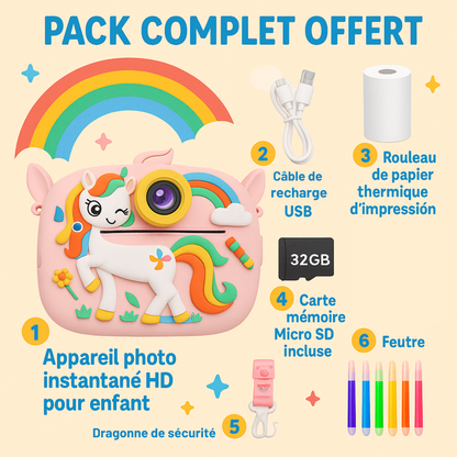 Appareil Photo Enfant Licorne – Impression Instantanée HD  + carte mémoire 32 Go
