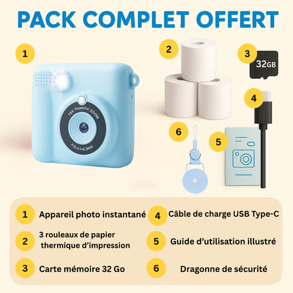 Appareil Photo Instantané Enfant 1080P – Impression + carte mémoire 32 Go