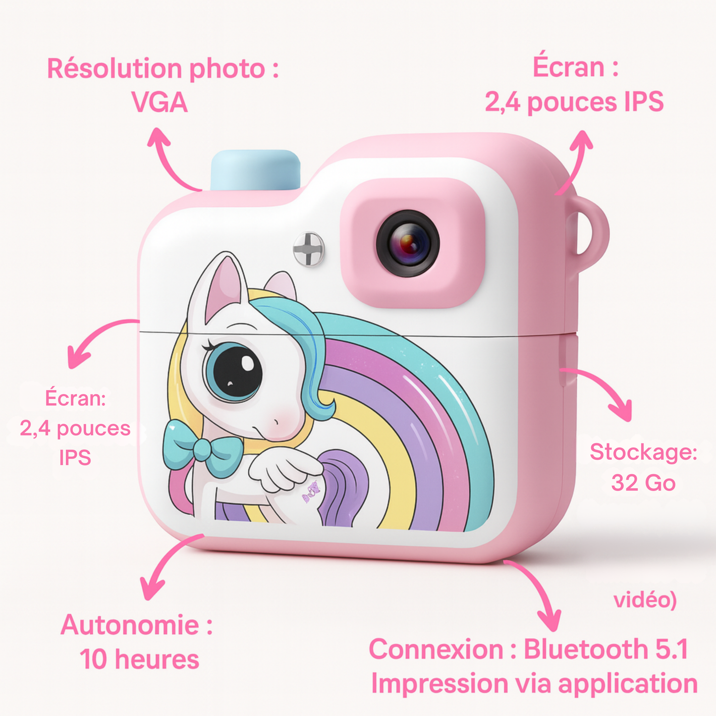 Appareil Photo Instantané Enfant Bluetooth – Impression + carte mémoire 32 Go