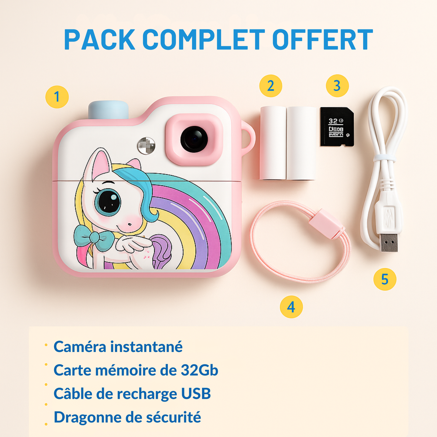 Appareil Photo Instantané Enfant Bluetooth – Impression + carte mémoire 32 Go