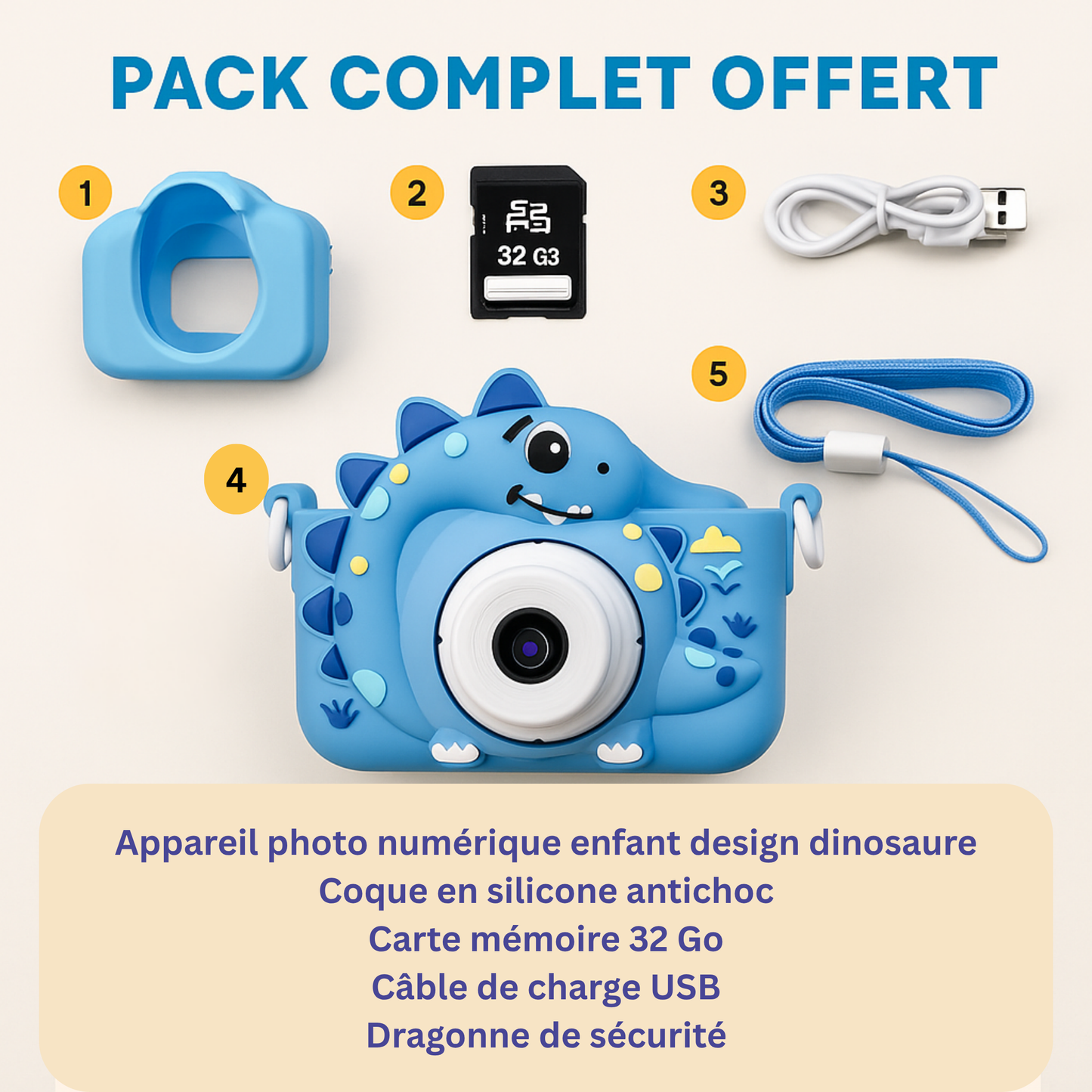 Appareil Photo Enfant Dinosaure – 1080P HD Double Objectif + carte mémoire 32 Go